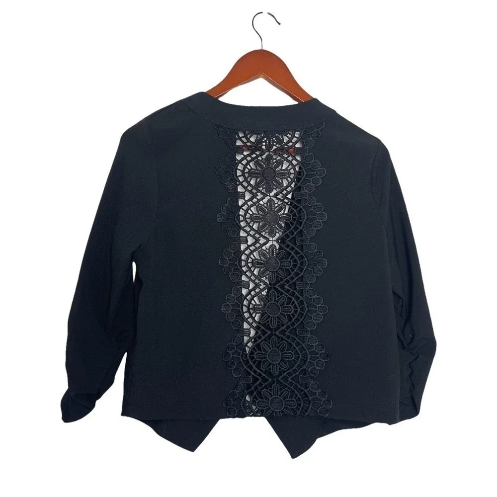 Vintage Black Open Front Lace Detail Cropped Jacket Dark Academica Romantic Edgy